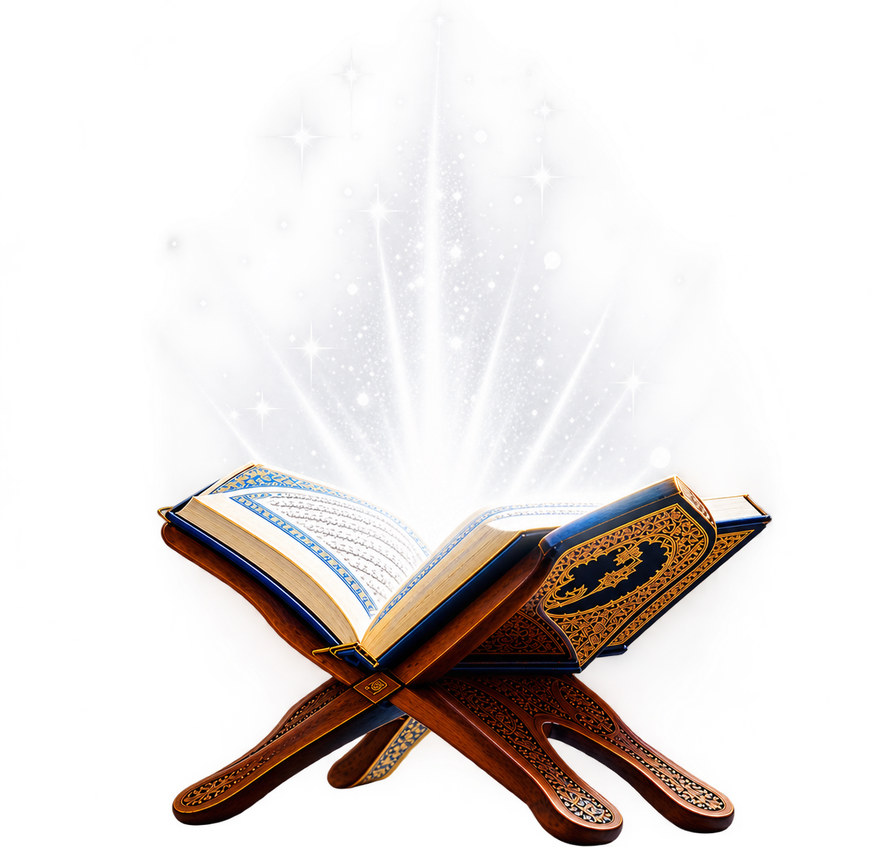 An open Qur'an on a wooden stand in warm light
